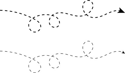 Long squiggly dashed. ideal for decorative borders.  Abstract long spiral waving chart. Curved dotted arrow. hand drawn wavy curve dotted arrows icons
