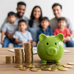 A vibrant green piggy bank on a wooden table, surrounded by golden coins, with a blurred background of a smiling family, symbolizing financial literacy and family savings.