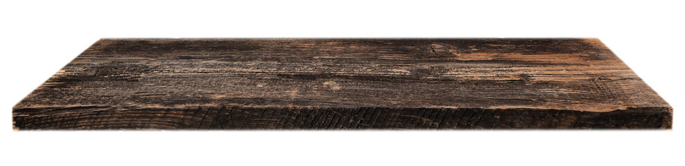 A rustic wooden shelf with rough texture and dark aged grain, isolated on a white background, ideal for product display or vintage presentation design concepts,