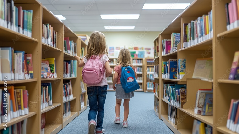 Aufkleber two young students with backpacks stroll through library aisles, eagerly searching for books while e
