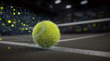 Digitally Enhanced Tennis Ball: A vibrant yellow tennis ball on a court, overlaid with a digital network effect, creating a futuristic sports concept.
