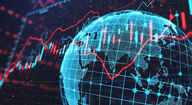 Global Market Fluctuations: Red and Blue Stock Trends Over Earth Globe