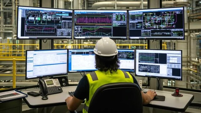 An engineer sits at a control panel monitoring multiple screens displaying industrial data in a modern factory control room