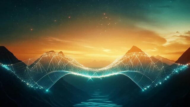 Spectacular mountain landscape at sunset with futuristic digital bridge overlay