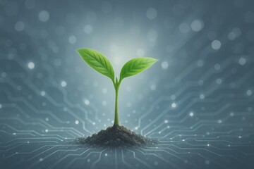 Young Plant Sprout with Futuristic Circuit Board Background, Technology and Nature Growth Concept.