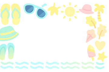 Cute pastel-colored summer frame with sunglasses, flip-flops, sun, ice cream, and beach elements on white background. AI-generated.

