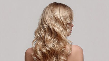 Fototapeta premium Back view of a model showcasing long, wavy blonde hair in a studio setting. Elegant and sophisticated style for hair care and beauty promotions.