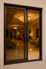 Luxury Hotel Sliding Glass Door with Elegant Interior Reflection.