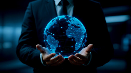Businessman holding a glowing digital globe with interconnected nodes and lines