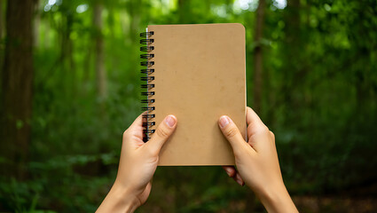 Woman's hands holding blank spiral notebook, tranquil forest backdrop, nature journaling concept.