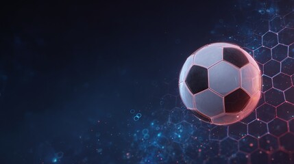 Naklejka premium High-tech soccer ball design with futuristic hexagon pattern. Dynamic composition perfect for sports-themed graphics or digital content, capturing energy and innovation.
