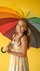 A girl holding a rainbow umbrella