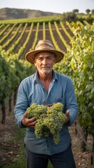 A man holding a bunch of grapes