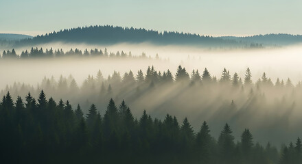 Fototapeta premium Sun rays breaking through the morning fog in a dense, misty pine forest. An atmospheric and mysterious mountain landscape with layered trees. 