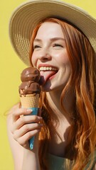 A woman licking an ice cream cone