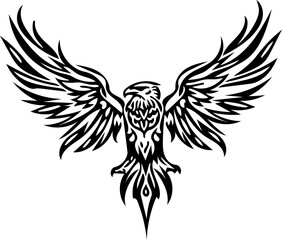 eagle with wings spread, fierce tribal lines, silhouette style for vinyl sticker, tattoo design