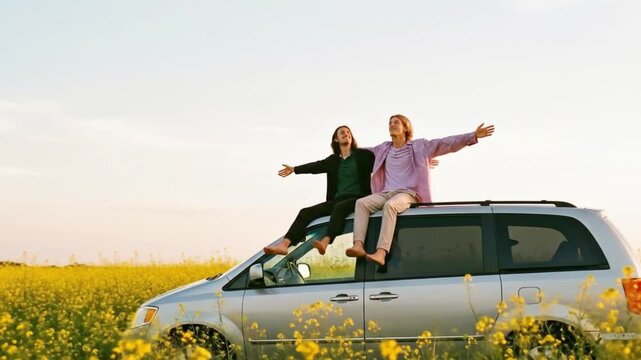 Two carefree young men sit on top of a minivan in a field of yellow flowers