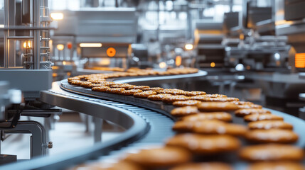 Plakat Modern cookie production line featuring advanced machines and spiral conveyor belt technology