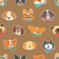 Seamless Pattern with Cute Cartoon Dog Face Design on Brown Background. Hand Drawn Vector Illustration.