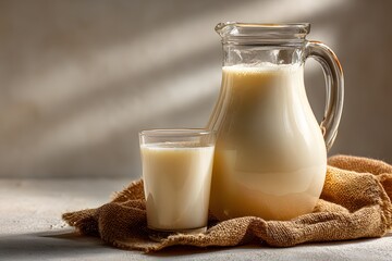Fresh and creamy milk in a glass and jug on a rustic burlap cloth setting