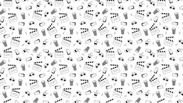Movie themed pattern featuring clapperboards popcorn drinks tickets and glasses on white background