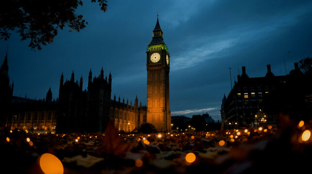 Big ben and houses of parliament illuminated at dusk with fallen leaves and bokeh lights