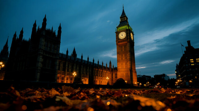 Big ben and houses of parliament illuminated at dusk with autumn leaves in foreground - Powered by Adobe