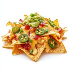 Crispy nachos with melted cheese, guacamole, and jalapenos, isolated on white background.