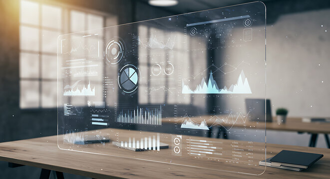 A futuristic transparent screen displaying holographic data charts and graphs in a modern office. Concept for business intelligence, analytics, and AR technology.
