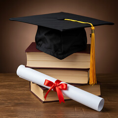 A black graduation cap with a yellow tassel sits on a stack of books next to a diploma scroll. This image symbolizes academic achievement, knowledge, and success.
