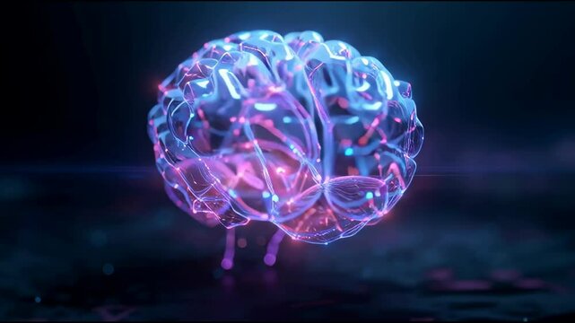 a 4k 3d rendered illustration of a futuristic digital holographic human brain rotating / spinning in motion loop. 16:9, medical usage like psychology ads 