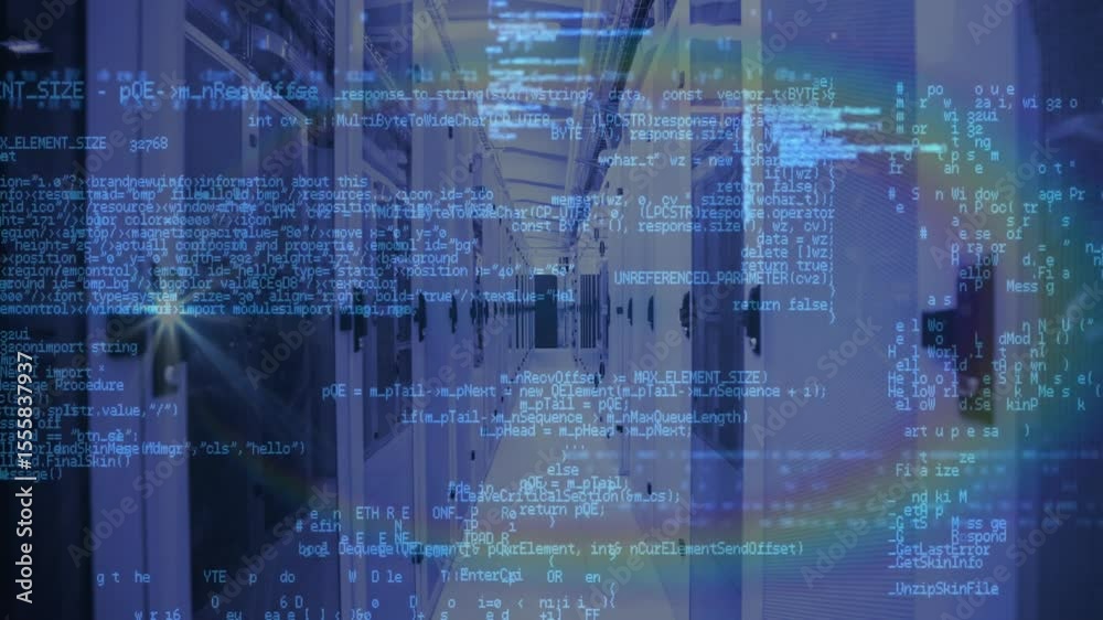 Poster upon loading server cabinets lining corridor glowing streaming code encrypting data