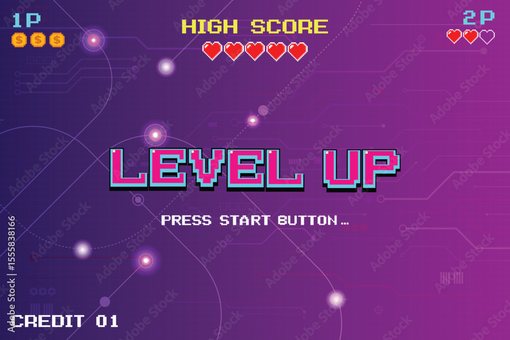 Wall mural level up icon pixel art. 8 bit game. retro game. retro futurism sci-fi background. glowing neon grid