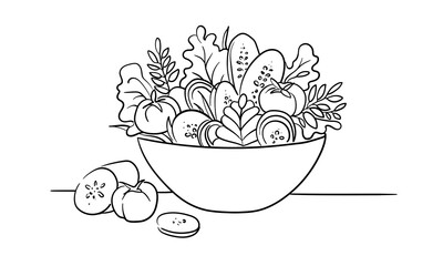 Vegetable salad, continious line drawing, Helthy food outline. Vector illustration isolated on white background