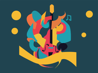 Seamless abstract pattern featuring colorful musical instruments and shapes in a modern flat design style. Includes guitars, trumpets, saxophones, drums, musical notes, and geometric elements in 0055