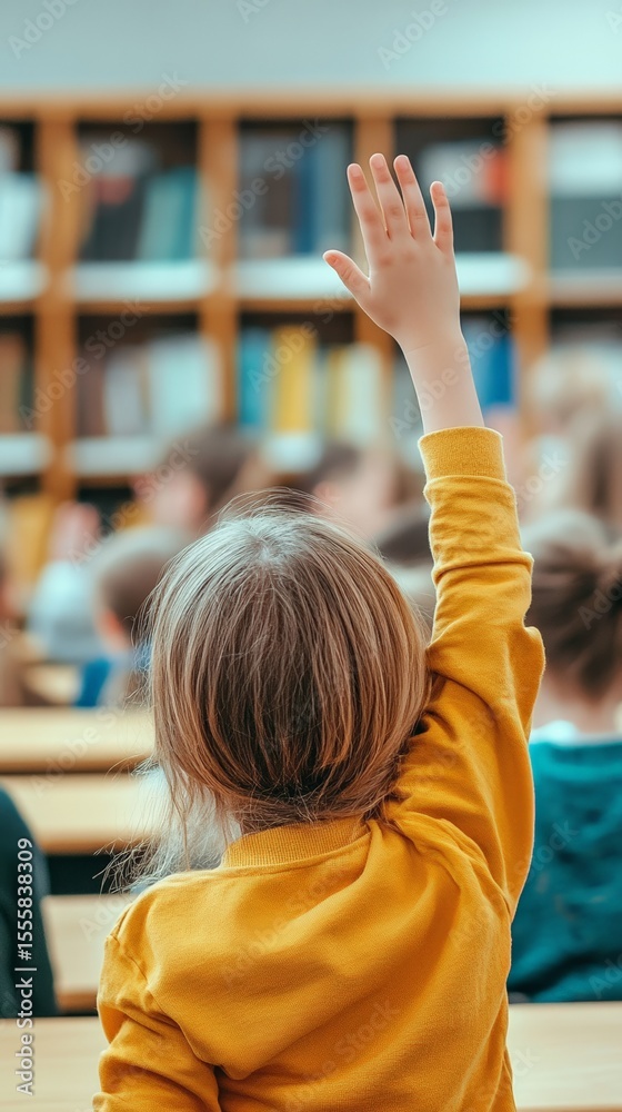 Poster elementary school student raising her hand to answer a question during class time in a classroom or 
