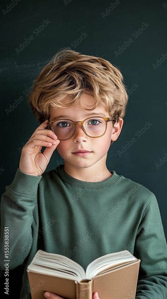 Poster portrait of a studious young boy wearing eyeglasses, holding an open book, and adjusting his glasses