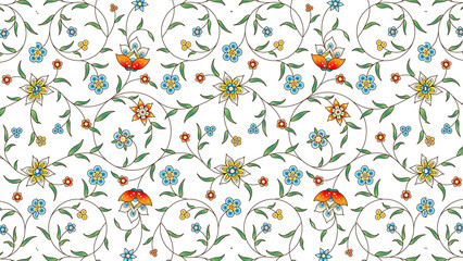 Floral pattern with colorful flowers and green leaves on a white background in a seamless design