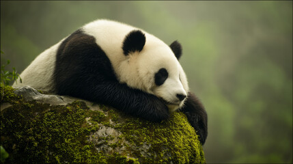 Obraz premium Giant panda resting on mossy rock in bamboo forest, a moment of peace in nature's embrace