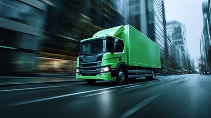 Green delivery truck speeds through city streets, conveying efficiency. Motion blur emphasizes its rapid transport of goods in an urban setting.