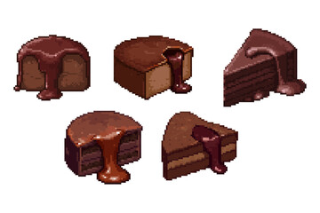 Pixel Art Chocolate Lava Cake & Slice Collection Delicious Desserts. Delectable collection of five distinct pixel art chocolate cakes and slices, beautifully in a pixel art.
