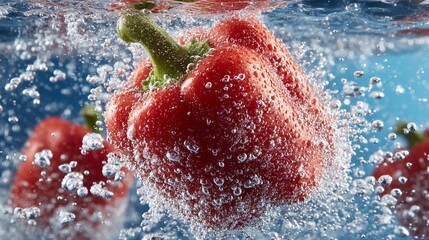 Fresh red bell pepper plunges into clear water creating bubbles and splash effects