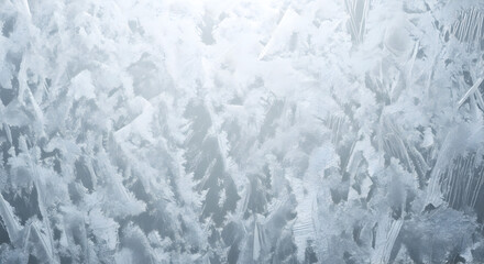 Fototapeta premium Intricate fern-like ice crystals forming a beautiful frost pattern on a cold window, a natural abstract winter background