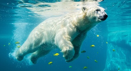 Polar Bear Swimming Underwater in a Zoo Habitat with Tropical Fish Around It