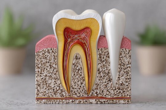 Detailed illustration of a human tooth structure and anatomy in a scientific display