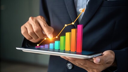Person touching colorful bar graph and line chart on tablet screen business data