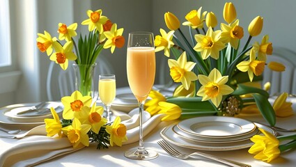 A bright glass of orange juice with daffodil flowers in the background, evoking freshness, springtime, and healthy living.