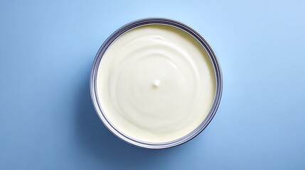 Overhead shot of a round metal container filled with creamy, smooth, white substance, possibly lotion or paint, set against a plain blue background.