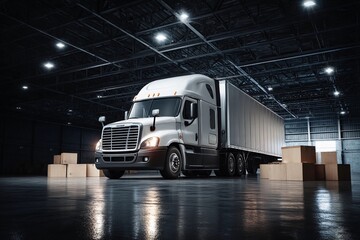 Freight truck parked in a dark warehouse ready for loading and delivery at night