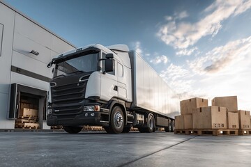 Delivery truck parked at a warehouse with pallets under a blue sky during late afternoon